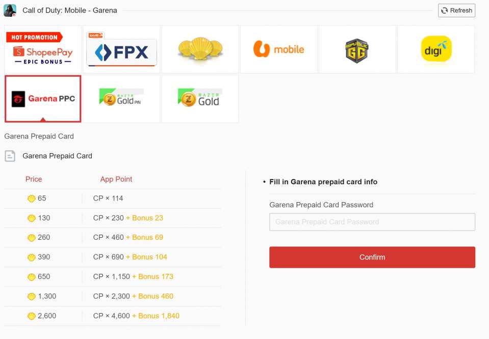 Call of Duty Mobile (Garena)  Top Up Game Credits & Prepaid Codes - SEAGM